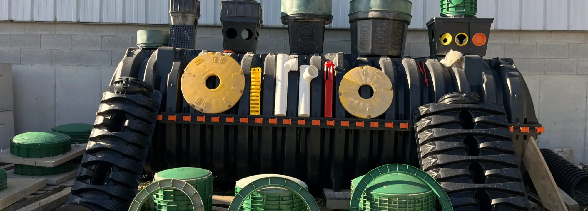 a view of many plastic products related to septic systems